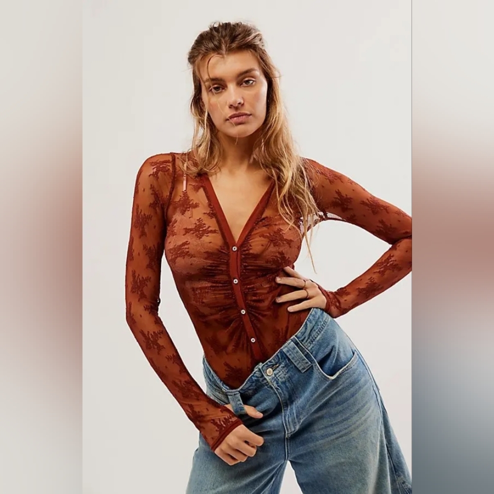 Free People Light Year Long Sleeve Lace Bodysuit Small NWT Rust